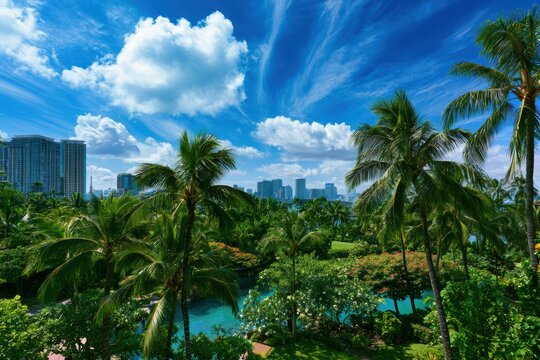 Lush tropical landscape, swaying palm trees, vibrant city skyline, blue sky
