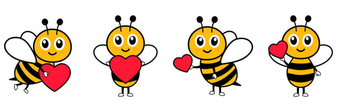 Kawaii bumblebees illustration with romantic hearts for Valentine's Day. Charming insect mascot in flat style isolated on white.