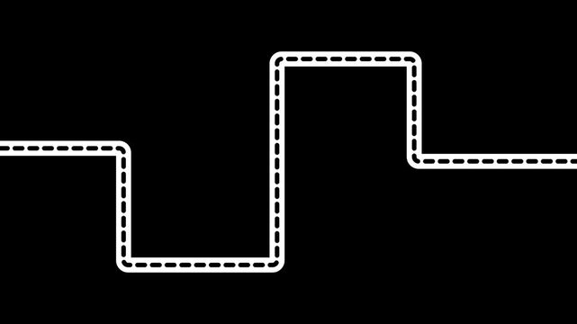 Abstract minimalist white dashed line path on black background, geometric step wave pulse vector icon 4k video animation.