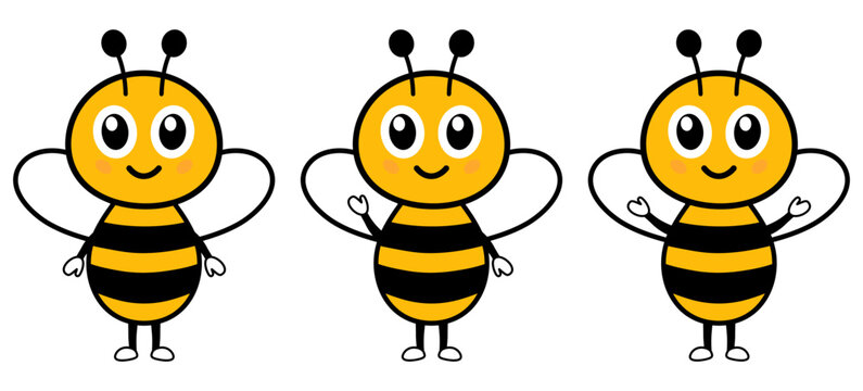Cute bees characters standing with happy face. Cheerful insects mascots with raised hands set. Vector illustration isolated on white.