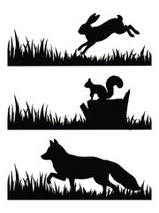 Wildlife silhouettes of hare squirrel and fox with grass isolated on white background silhouette high-quality © Graphic