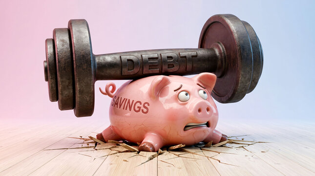 A distressed pink piggy bank labeled savings struggling under the weight of a heavy metal debt dumbbell barbell