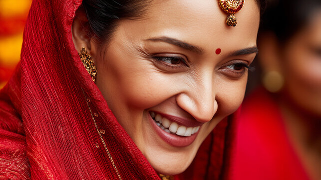 Woman in red sari smiling at Teej Festival celebration with jewelry and bindi
