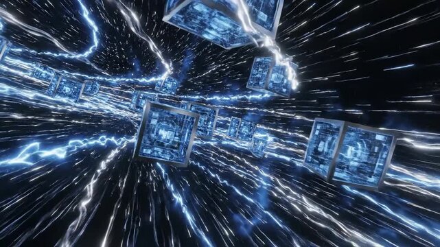 Abstract Digital Cubes Flowing Through a High-Speed Energy Tunnel