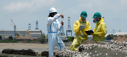 Hazmat inspection team conducting environmental assessment and pollution analysis