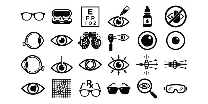 Ophthalmology icons vision care eye health and optometry symbols collection