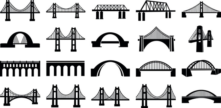 Bridge icon and silhouette vector collection featuring suspension arch railway highway and structural engineering designs