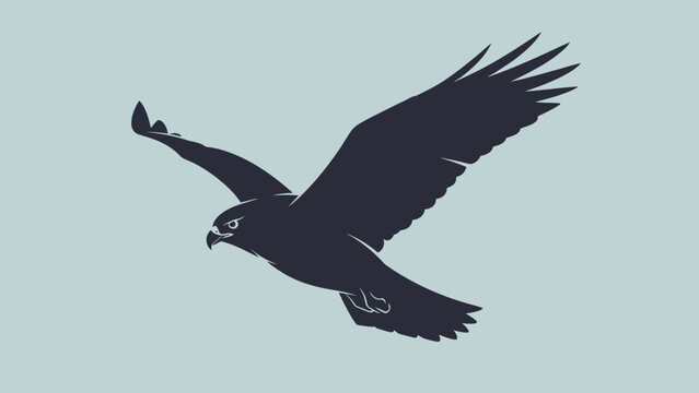 Silhouette of a hawk in flight, dark blue bird of prey soaring against a pale blue background