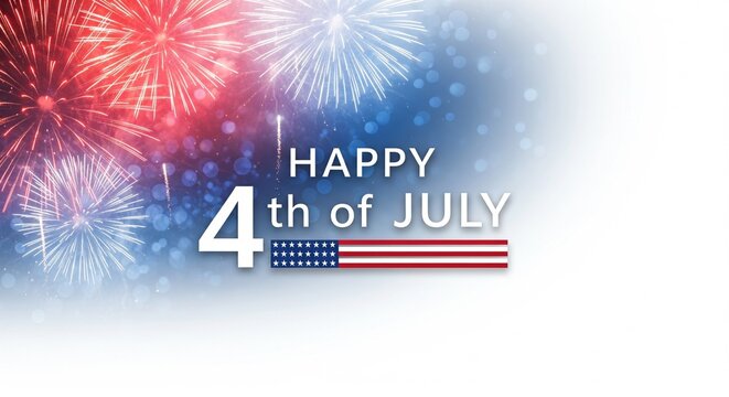Happy 4th of July text with American flag and red and white fireworks exploding in a blue bokeh background, celebrating Independence Day with patriotic holiday celebration.