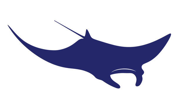 Blue Manta Ray Silhouette, Ocean Wildlife, Isolated on White Background