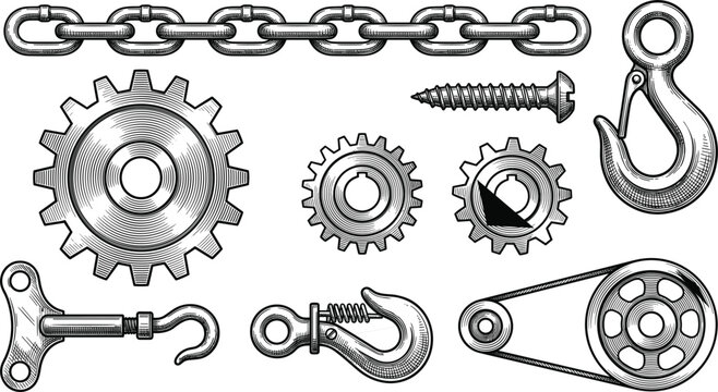 Mechanical hardware illustration set with chains gears hooks screws pulleys and industrial engineering equipment engraving style collection