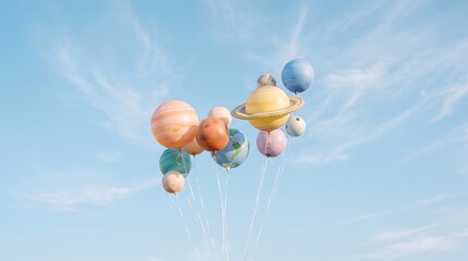 Fototapeta premium Miniature planets of the solar system floating in a bright blue sky.