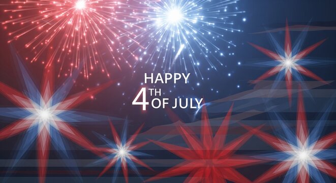 Happy 4th of July celebration with red and blue fireworks exploding in the night sky, abstract starburst patterns and glowing particles, patriotic holiday graphic design