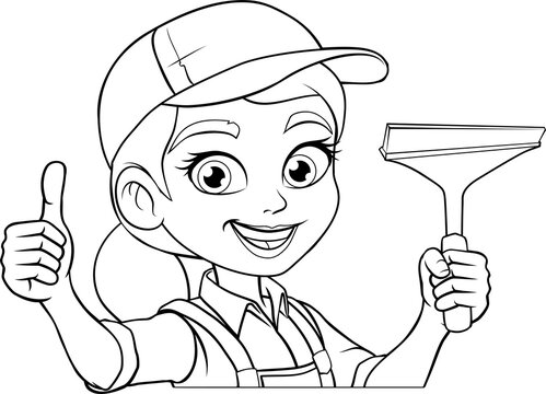 A woman female window cleaner or car wash worker holding a squeegee cleaning tool.