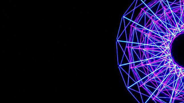 Vibrant neon electric blue and magenta light trails in a geometric lattice clustered on the far right of a matte black studio background with copy space on the left
