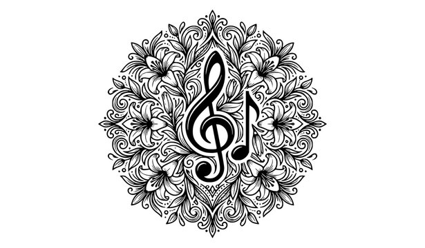Modern black and white musical note with floral mandala ornament vector illustration isolated on white background