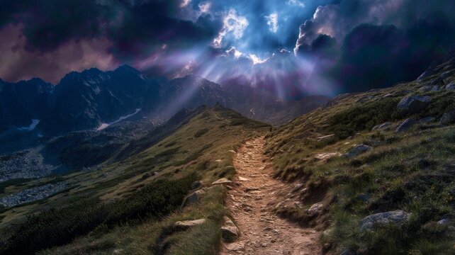 Rocky path on sunlit hill at sunset. Artificial intelligence image