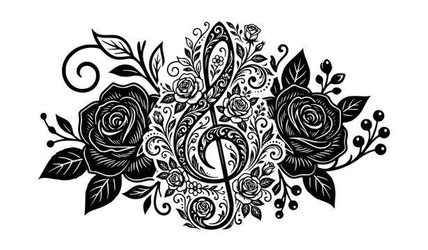 Black and white musical note vector with elegant floral ornament and botanical decorative design isolated on white