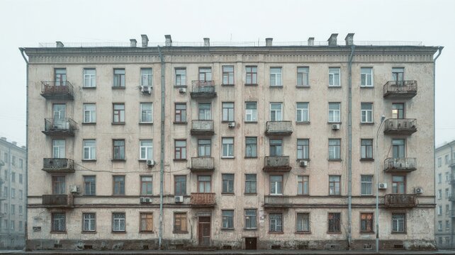 Urban soviet-era apartment facade in grayscale. Artificial intelligence image