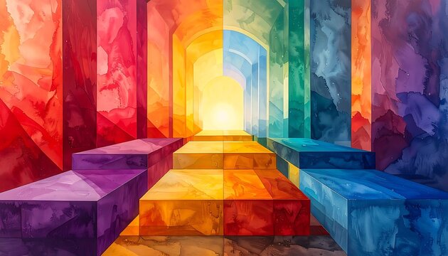 Vibrant colorful staircase leading to light.