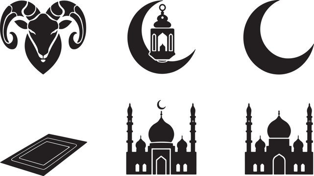 Muslim Religion Prayer Mosque and Qurbani Festival Glyph Icons