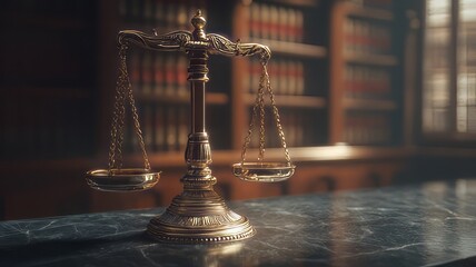 Golden scales of justice with a marble table with a backdrop of vintage law books in a dimly lit library, scales of justice, antique scales of justice, balance of justice