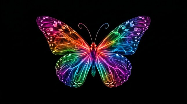 Vibrant Rainbow Neon Butterfly Glowing on Black Background.
