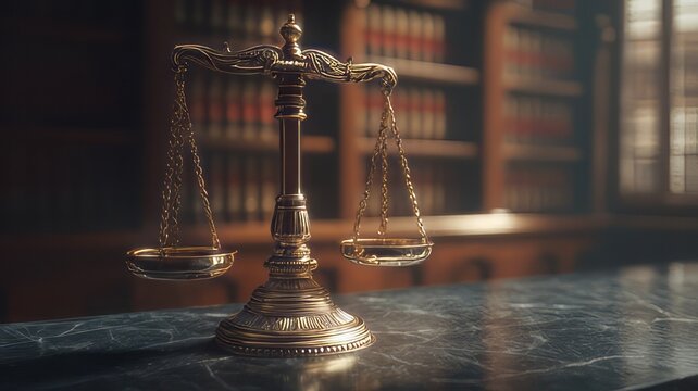 Golden scales of justice with a marble table with a backdrop of vintage law books in a dimly lit library, scales of justice, antique scales of justice, balance of justice