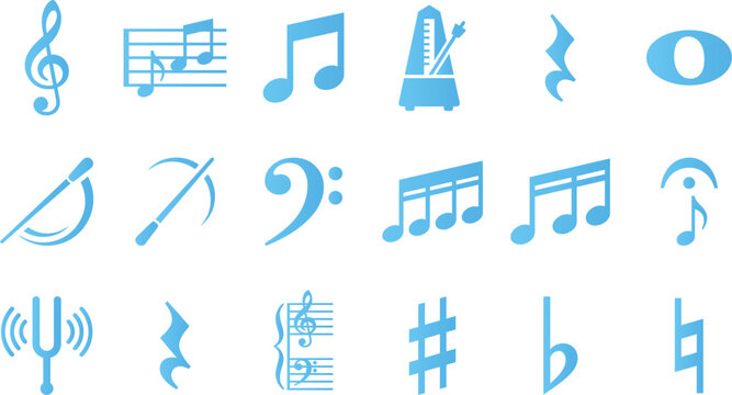 Set of blue musical notes and symbols on white background collection of music elements.