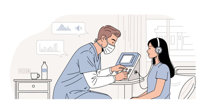 Audiology Examination: A Medical Professional Conducting Hearing Test in a Hospital Room