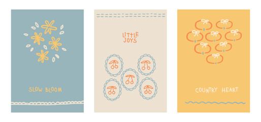 Naklejka premium Slow living cottagecore postcard set with hand drawn flowers, cherries and apples, minimalist quotes Slow Bloom, Little Joys and Country Heart for gentle encouragement cards and cozy home wall prints