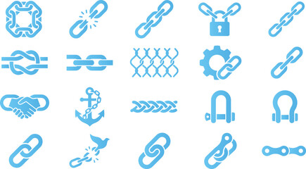 Set of blue chain and link icons, connection, network, security, anchor, rope, knot, handshake. © SHAWONBD