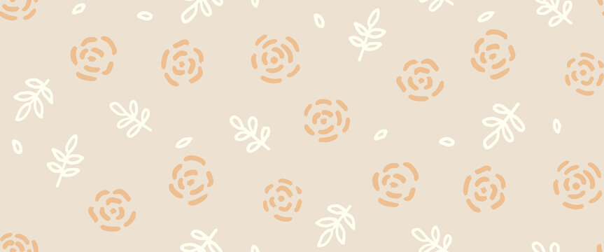 Soft cottagecore rose and leaf seamless pattern in warm beige, hand drawn scribble florals for romantic wedding stationery, wrapping paper, gentle country inspired branding. handdrawn vector