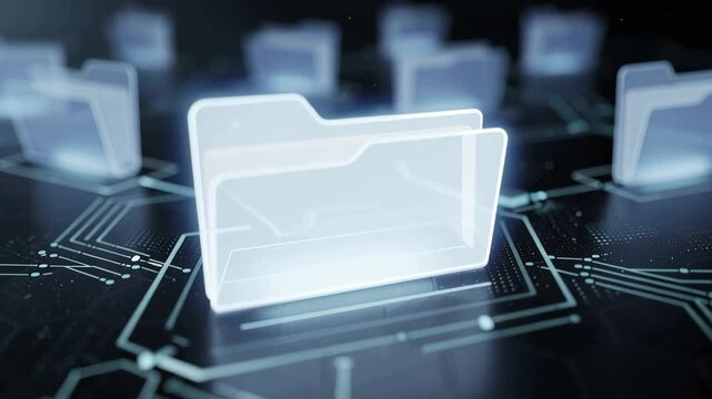 Futuristic digital network with glowing holographic folders and interconnected data visualization in dark space