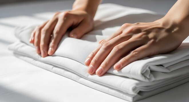 Close-up of hands neatly folding a stack of clean white laundry or linens on a bright surface.