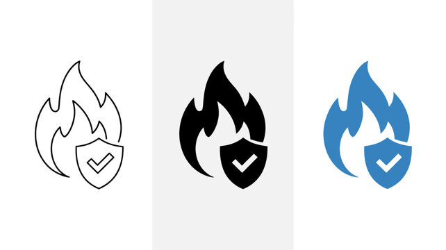 fire protection icon set flame with shield symbol in line solid and blue styles high quality