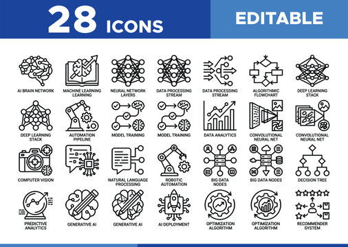 28 Editable AI Icons Set, Artificial Intelligence and Machine Learning Vector Collection, Data Science and Technology Line Art for Modern Digital Projects