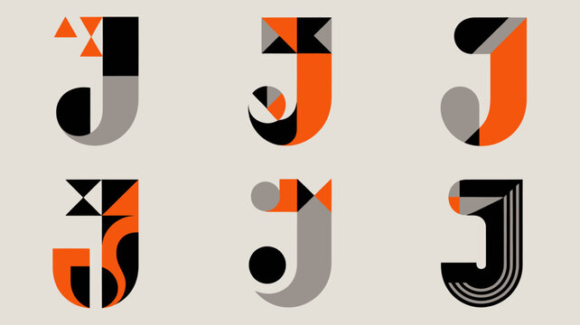 Geometric letter j designs a collection of stylized vector illustrations with orange and gray high quality
