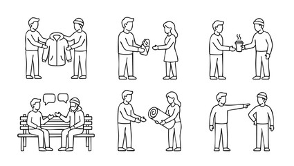 Fototapeta premium Volunteering and Charity Support Icon Set, Helping Homeless People Concept, Flat Vector Line Art Illustrations for Social Work, Community Outreach, Donations, Assistance, Empathy and Kindness Graphics