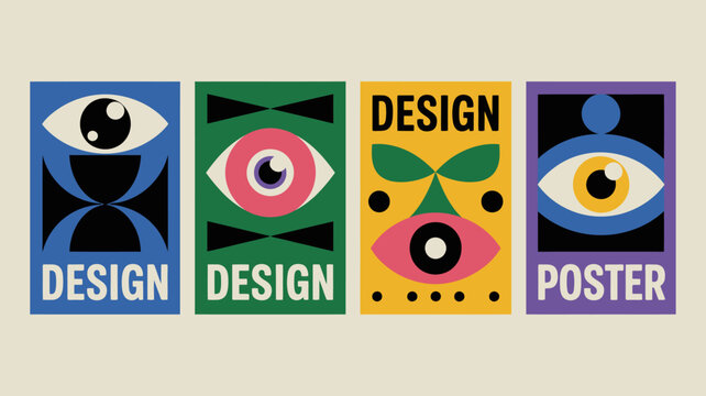 Four abstract design posters with eye and geometric shapes mid century modern style high quality professional