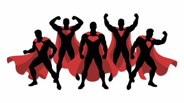 Five superhero silhouettes with red capes against a white background high quality professional detailed modern elegant
