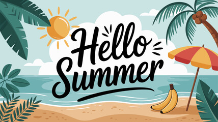 Hello summer typography with beach scene illustration palm trees sun and bananas high quality professional detailed © MdRafiqul