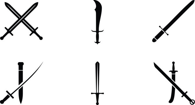 Collection of various sword silhouettes on white background  medieval weapons and blades