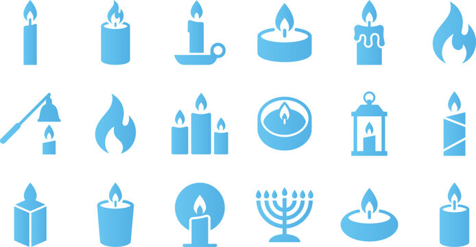 Collection of blue candle icons for design and decoration.