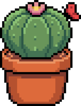 Cute cactus pixel art in flower pot with red butterfly nature