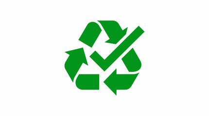 Obraz premium Green recycling symbol with checkmark, icon for sustainability, reuse, or eco-friendly process, symbol of approved environmental practice on white background.