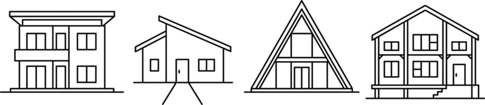 Modern house outline icons set with residential buildings cabin villa and contemporary home architecture line collection