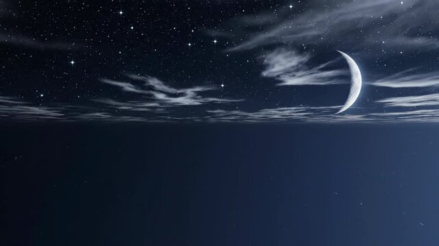 Crescent Moon Amidst Celestial Serenity: Gaze upon the serene canvas of a night sky, graced by a luminous crescent moon and a scattering of stars. Clouds dance gently.
