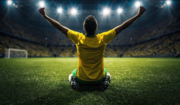 Rear view of soccer player in yellow jersey celebrating goal with arms raised on stadium field under bright floodlights at night. High quality photo