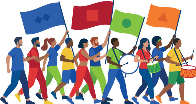 Diverse group of people marching together with colorful flags and drums in unity